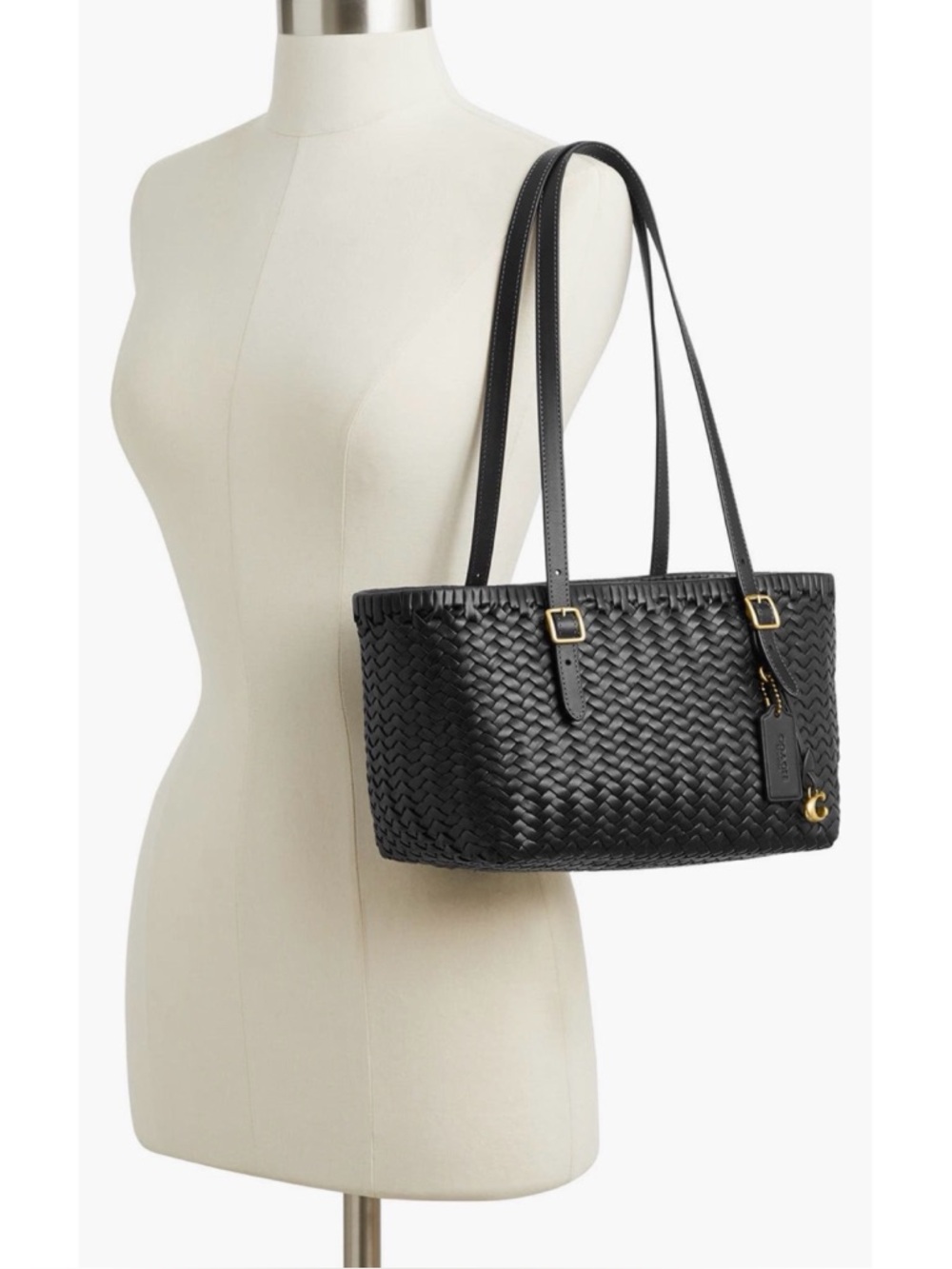 COACH Woven Leather Swing Tote Bag, BLACK/ GOLD - Picture 11 of 11